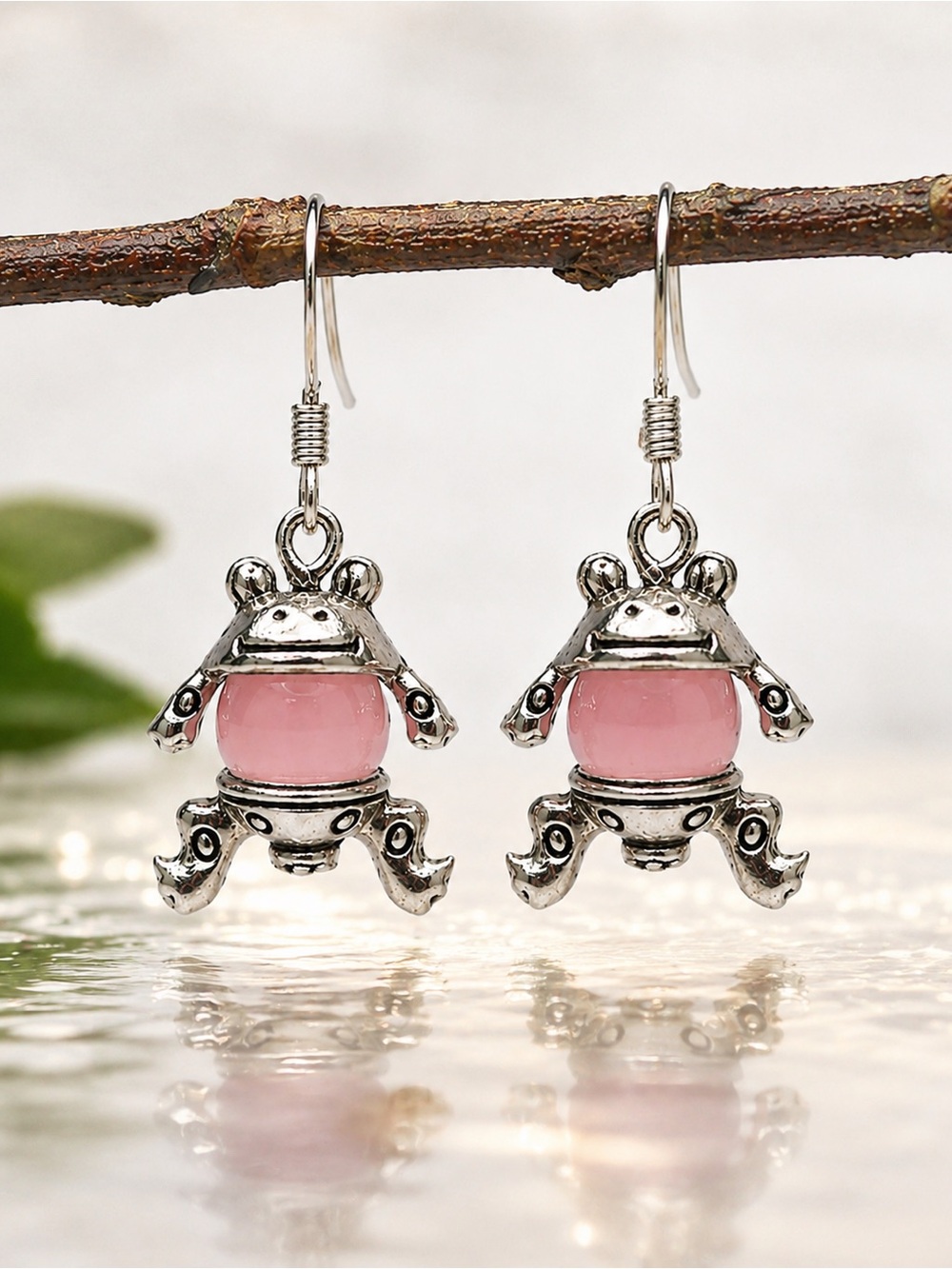 Artisan Pink Frog Dangle Earrings - Silver Tone